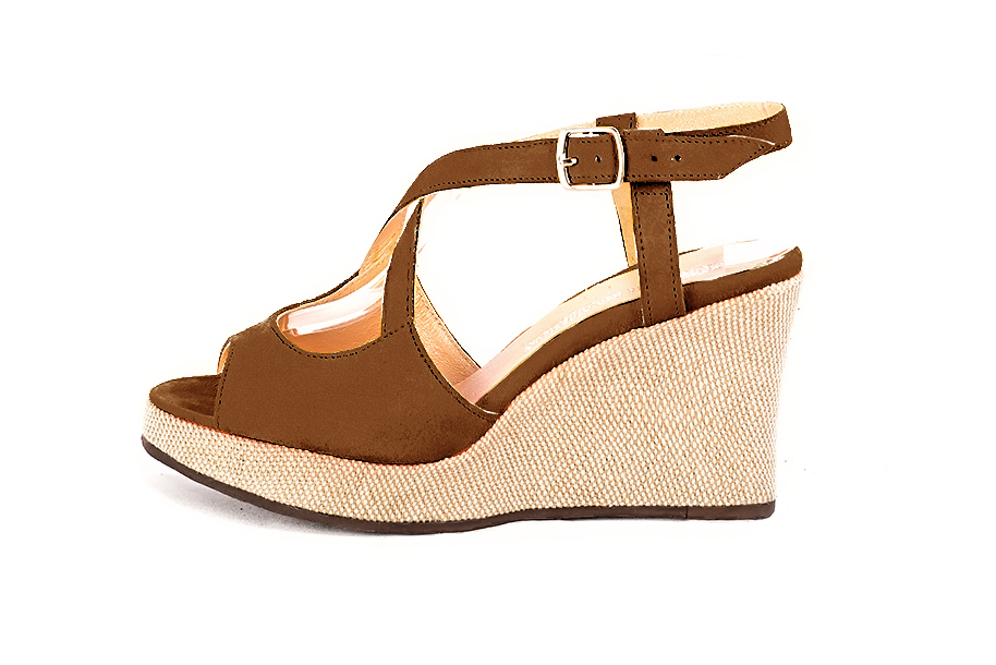 Women's caramel brown elegant cross straps sandals. .  - Profile view